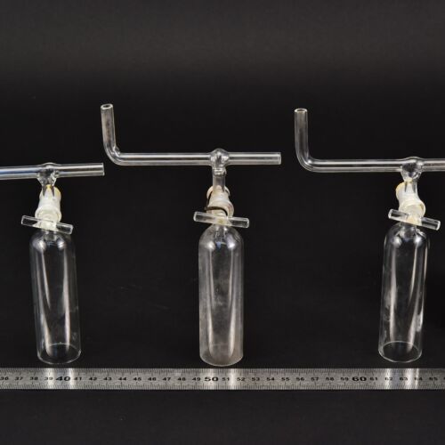 Set of three laboratory glass bells with stopcocks and bent cross tubes – No. 7