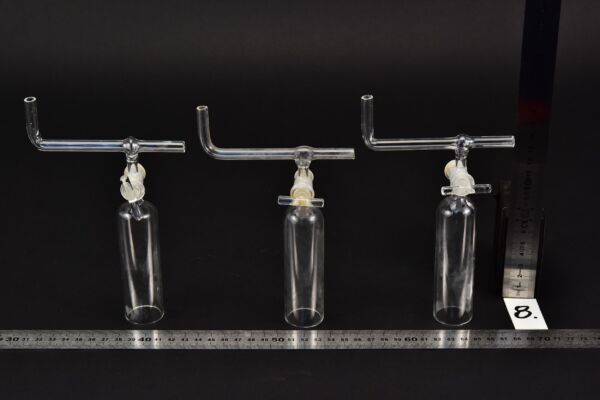 Set of three laboratory glass bells with stopcocks and bent cross tubes – No. 8 Set of three laboratory glass bells with stopcocks and bent cross tubes – No. 8