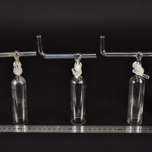 Set of three laboratory glass bells with stopcocks and bent cross tubes – No. 10 Set of three laboratory glass bells with stopcocks and bent cross tubes – No. 10