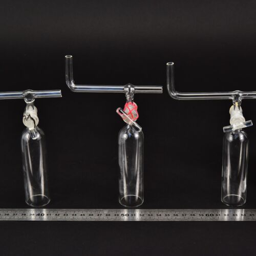 Set of three laboratory glass bells with stopcocks and bent cross tubes – No. 12 Set of three laboratory glass bells with stopcocks and bent cross tubes – No. 12