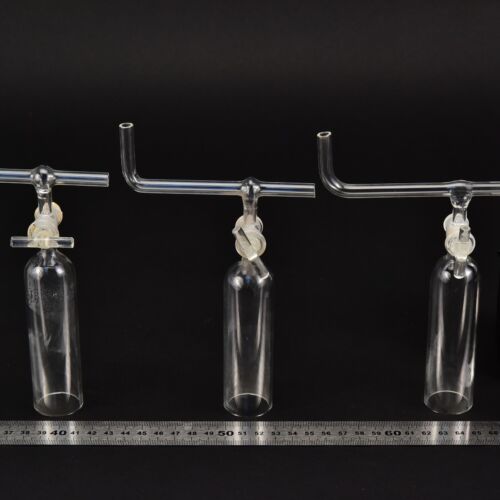 Set of three laboratory glass bells with stopcocks and bent cross tubes – No. 14 Set of three laboratory glass bells with stopcocks and bent cross tubes – No. 14