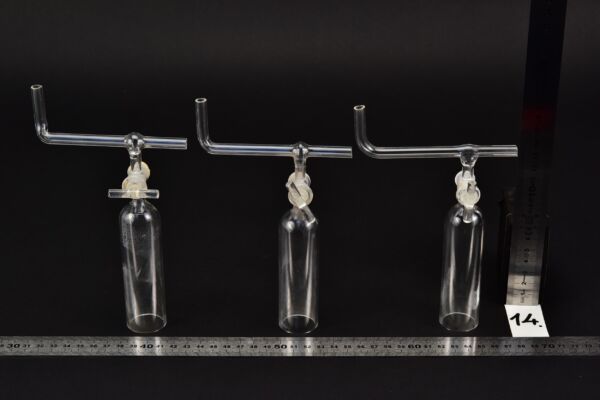 Set of three laboratory glass bells with stopcocks and bent cross tubes – No. 14 Set of three laboratory glass bells with stopcocks and bent cross tubes – No. 14
