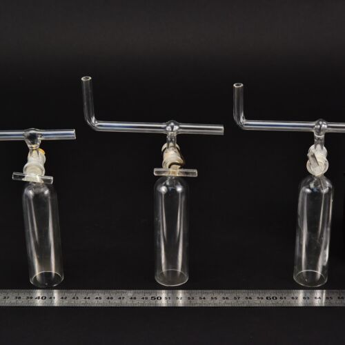 Set of three laboratory glass bells with stopcocks and bent cross tubes – No. 15 Set of three laboratory glass bells with stopcocks and bent cross tubes – No. 15