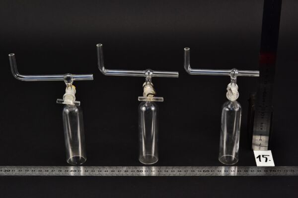 Set of three laboratory glass bells with stopcocks and bent cross tubes – No. 15 Set of three laboratory glass bells with stopcocks and bent cross tubes – No. 15