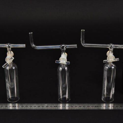 Set of three laboratory glass bells with stopcocks and bent cross tubes – No. 16 Set of three laboratory glass bells with stopcocks and bent cross tubes – No. 16