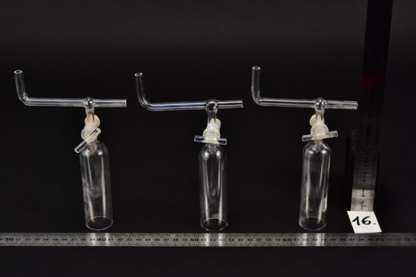 Set of three laboratory glass bells with stopcocks and bent cross tubes – No. 16
