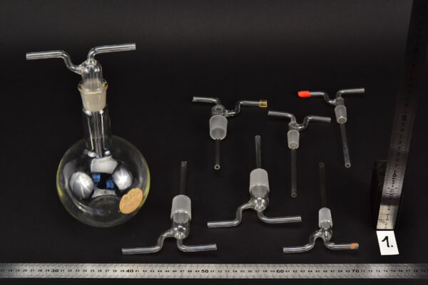 Set of seven ground-glass gas washing bottle heads, assorted sizes Set of seven ground-glass gas washing bottle heads, assorted sizes