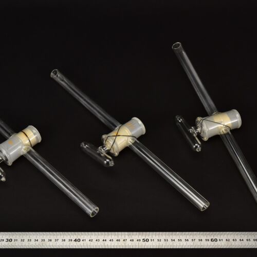Set of three straight laboratory glass stopcocks with long stems – No. 1 Set of three straight laboratory glass stopcocks with long stems – No. 1