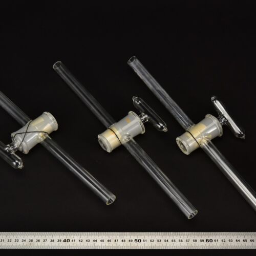 Set of three straight laboratory glass stopcocks with long stems – No. 2 Set of three straight laboratory glass stopcocks with long stems – No. 2