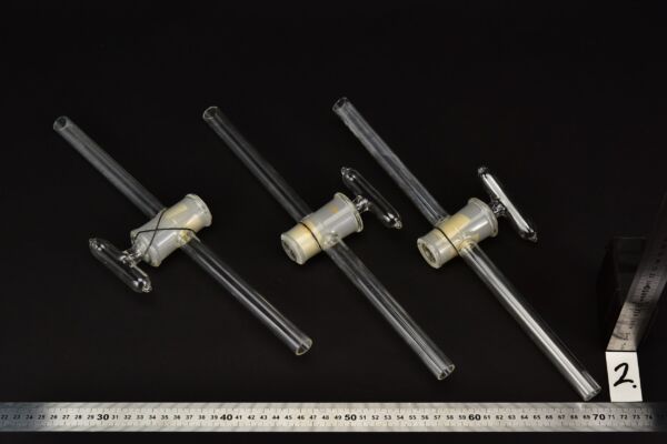 Set of three straight laboratory glass stopcocks with long stems – No. 2 Set of three straight laboratory glass stopcocks with long stems – No. 2