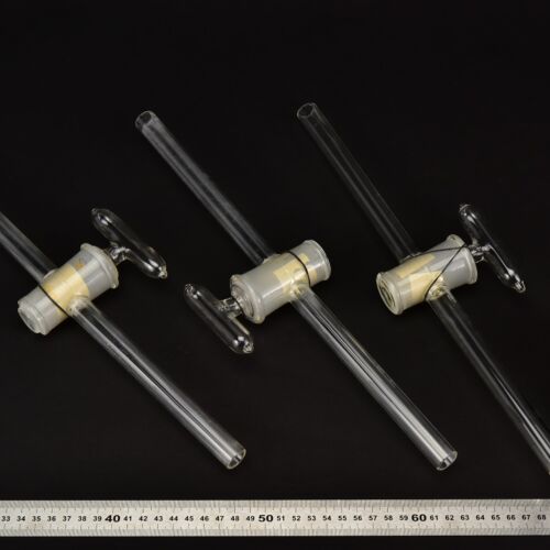 Set of three straight laboratory glass stopcocks with long stems – No. 3 Set of three straight laboratory glass stopcocks with long stems – No. 3