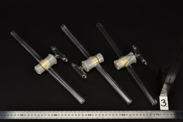 Set of three straight laboratory glass stopcocks with long stems – No. 3 Set of three straight laboratory glass stopcocks with long stems – No. 3