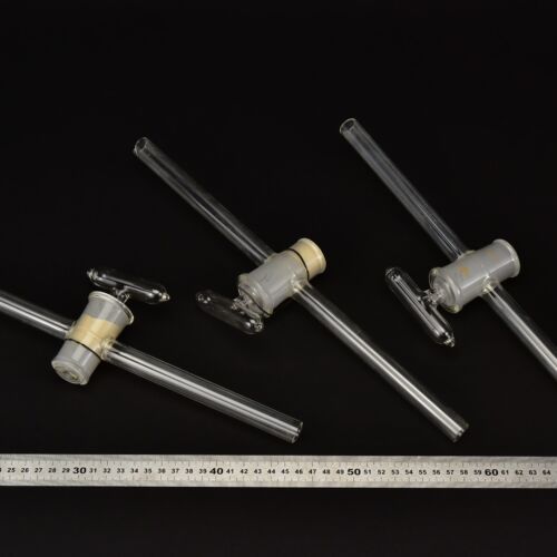 Set of three straight laboratory glass stopcocks with long stems – No. 4 Set of three straight laboratory glass stopcocks with long stems – No. 4