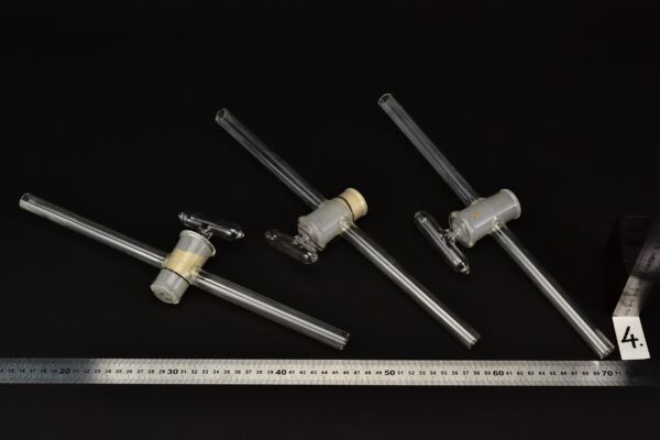Set of three straight laboratory glass stopcocks with long stems – No. 4 Set of three straight laboratory glass stopcocks with long stems – No. 4