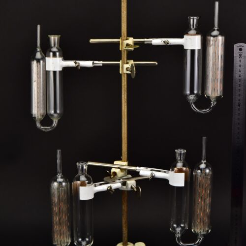 Set of four glass gas absorption pipettes with copper spiral packing – No. 1 Set of four glass gas absorption pipettes with copper spiral packing – No. 1