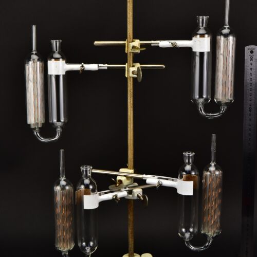 Set of four glass gas absorption pipettes with copper spiral packing – No. 2 Set of four glass gas absorption pipettes with copper spiral packing – No. 2