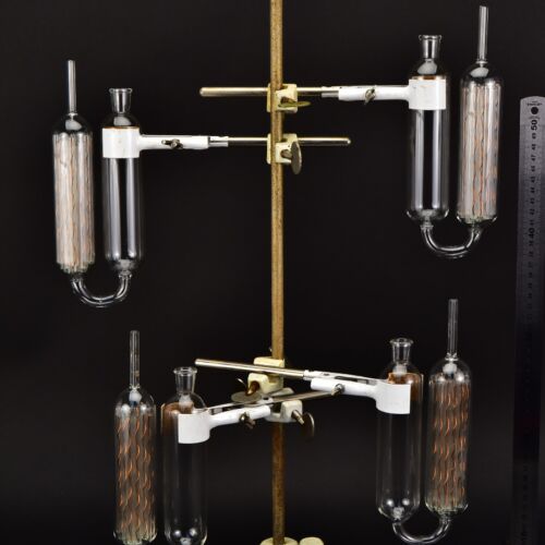 Set of four glass gas absorption pipettes with copper spiral packing – No. 3 Set of four glass gas absorption pipettes with copper spiral packing – No. 3