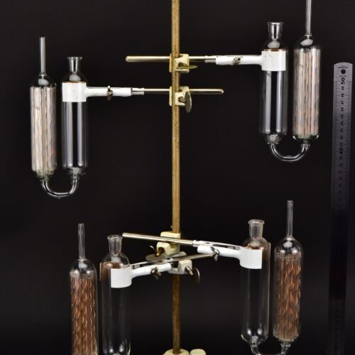 Set of four glass gas absorption pipettes with copper spiral packing – No. 4 Set of four glass gas absorption pipettes with copper spiral packing – No. 4