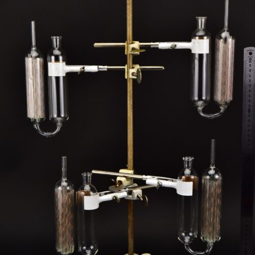 Set of four glass gas absorption pipettes with copper spiral packing – No. 6 Set of four glass gas absorption pipettes with copper spiral packing – No. 6
