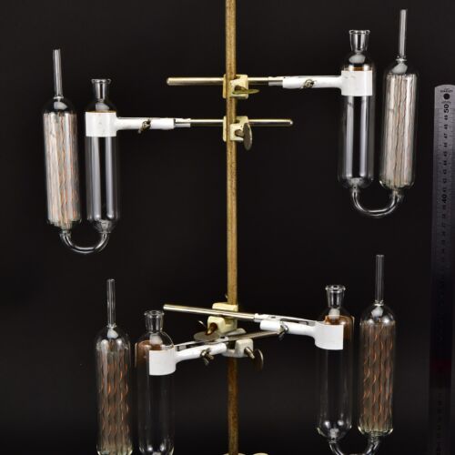 Set of four glass gas absorption pipettes with copper spiral packing – No. 7 Set of four glass gas absorption pipettes with copper spiral packing – No. 7