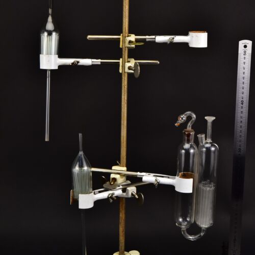 Set of three assorted gas analysis glassware components with glass tube packing Set of three assorted gas analysis glassware components with glass tube packing