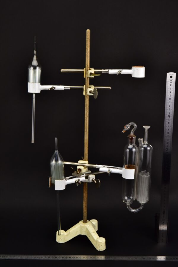 Set of three assorted gas analysis glassware components with glass tube packing Set of three assorted gas analysis glassware components with glass tube packing