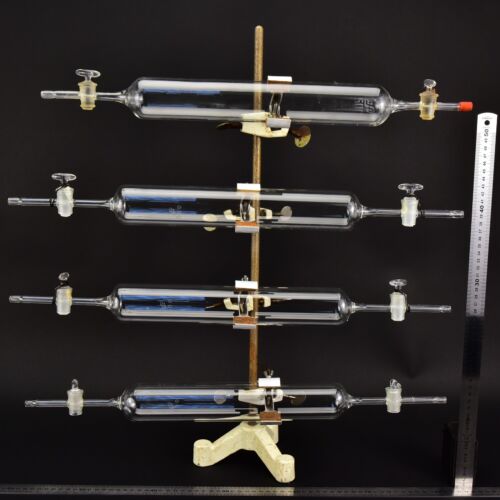 Set of four long glass gas sampling tubes with twin stopcocks Set of four long glass gas sampling tubes with twin stopcocks