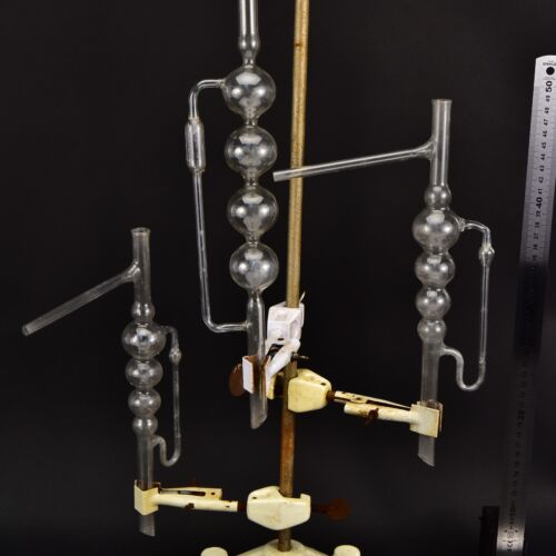 Set of three bulb-type glass fractionating columns with external return tubes Set of three bulb-type glass fractionating columns with external return tubes
