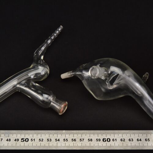 Set of two assorted laboratory glass adapters with internal tubes Set of two assorted laboratory glass adapters with internal tubes