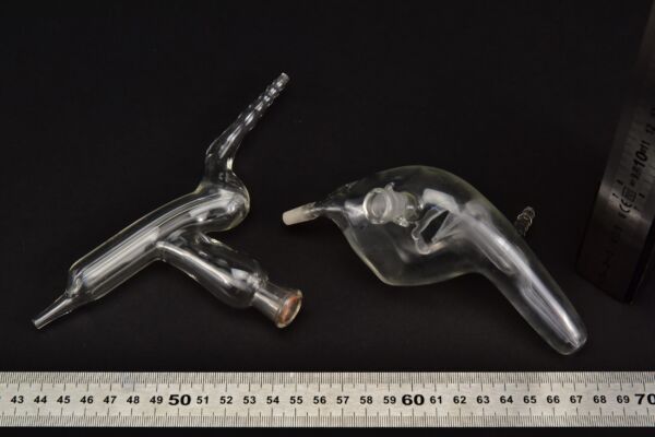 Set of two assorted laboratory glass adapters with internal tubes Set of two assorted laboratory glass adapters with internal tubes