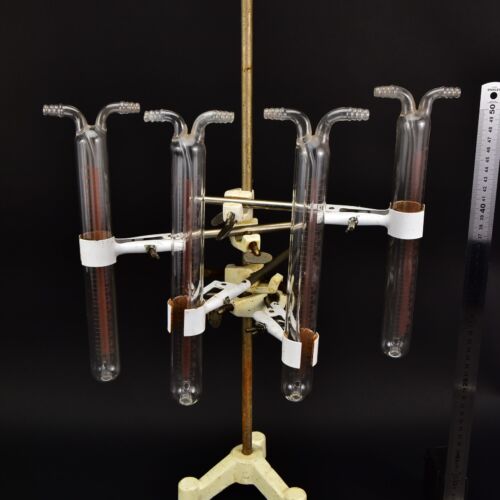 Set of four graduated laboratory glass measuring tubes with twin upper connections Set of four graduated laboratory glass measuring tubes with twin upper connections