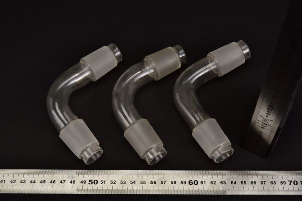 Glass elbow adapters with ground-glass joints at both ends – set of three Glass elbow adapters with ground-glass joints at both ends – set of three