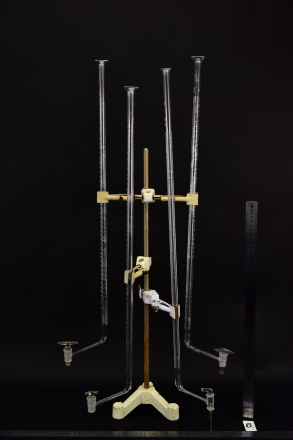Long glass burettes with offset stopcocks – set of four – No. 8