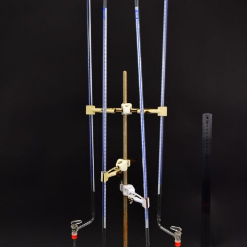 Long glass burettes with blue graduations – set of four – No. 3 Long glass burettes with blue graduations – set of four – No. 3