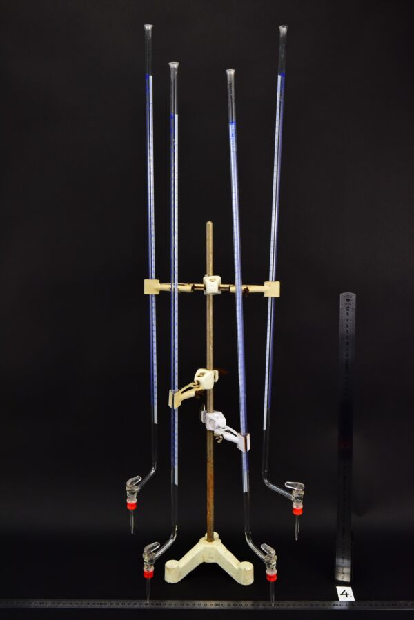 Long glass burettes with blue graduations – set of four – No. 4 Long glass burettes with blue graduations – set of four – No. 4
