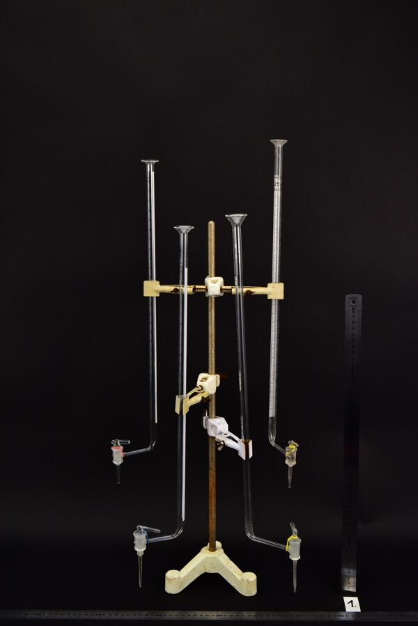 Glass burettes with offset stopcocks and funnel-shaped openings – set of four – No. 1