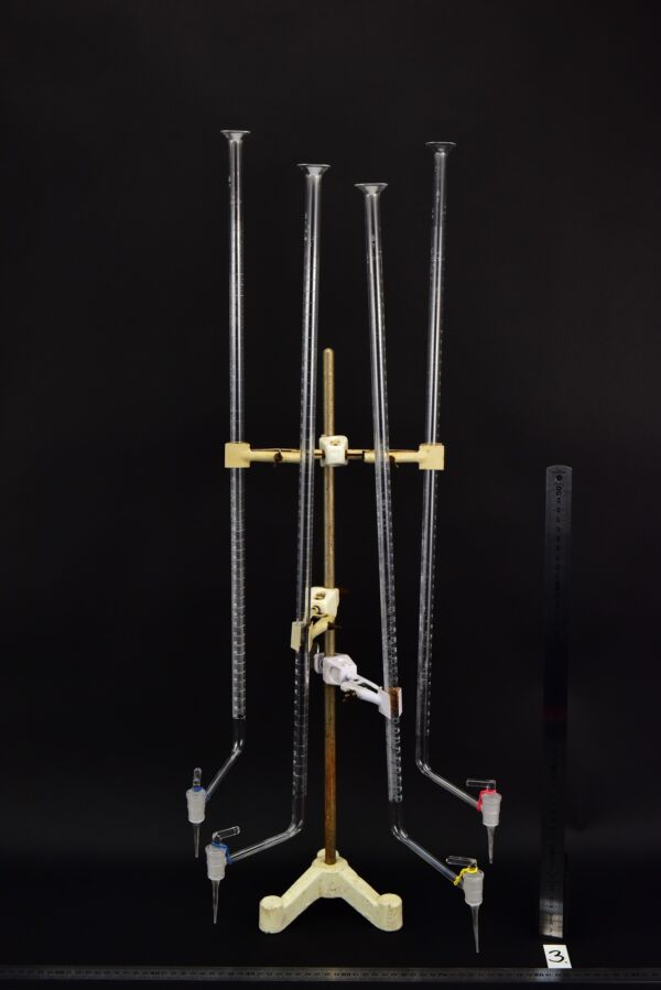 Long glass burettes with offset stopcocks – assorted set of four – No. 3 Long glass burettes with offset stopcocks – assorted set of four – No. 3