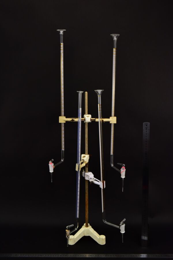 Glass burettes with offset stopcocks and amber and blue graduations – set of four