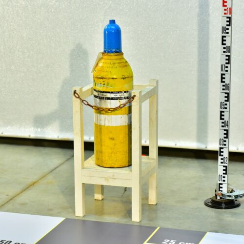Wide Laboratory Calibration-Gas Cylinder on a Wooden Safety Stand Wide Laboratory Calibration-Gas Cylinder on a Wooden Safety Stand