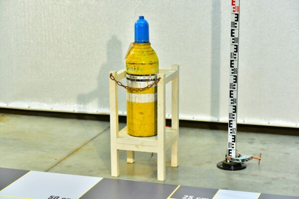 Wide Laboratory Calibration-Gas Cylinder on a Wooden Safety Stand Wide Laboratory Calibration-Gas Cylinder on a Wooden Safety Stand