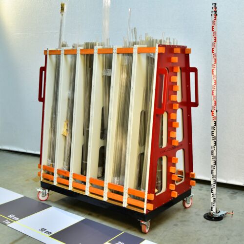 Custom OTTOSTUDIO Mobile Glass-Tube and Glass-Rod Storage Rack with Steel-and-Wood Construction